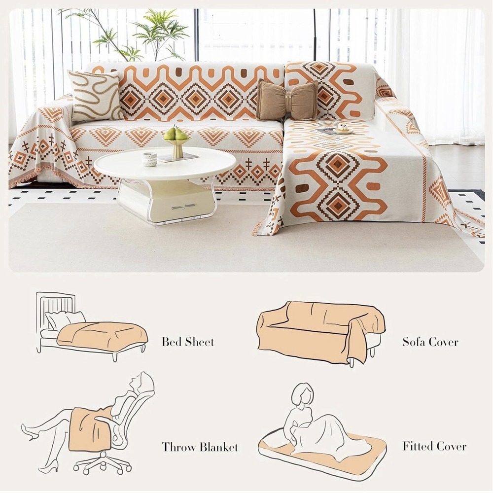 Boho Chenille Couch Covers Bohemia Sofa Pet Friendy SlipCovers Orange(71x102) - Picture 7 of 9